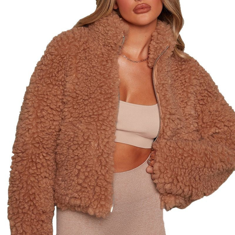 Women's Plush Lamb Wool Cardigan Short Jacket Fluffy Coat Casual Winter Outerwear - Seldom Seen Styles