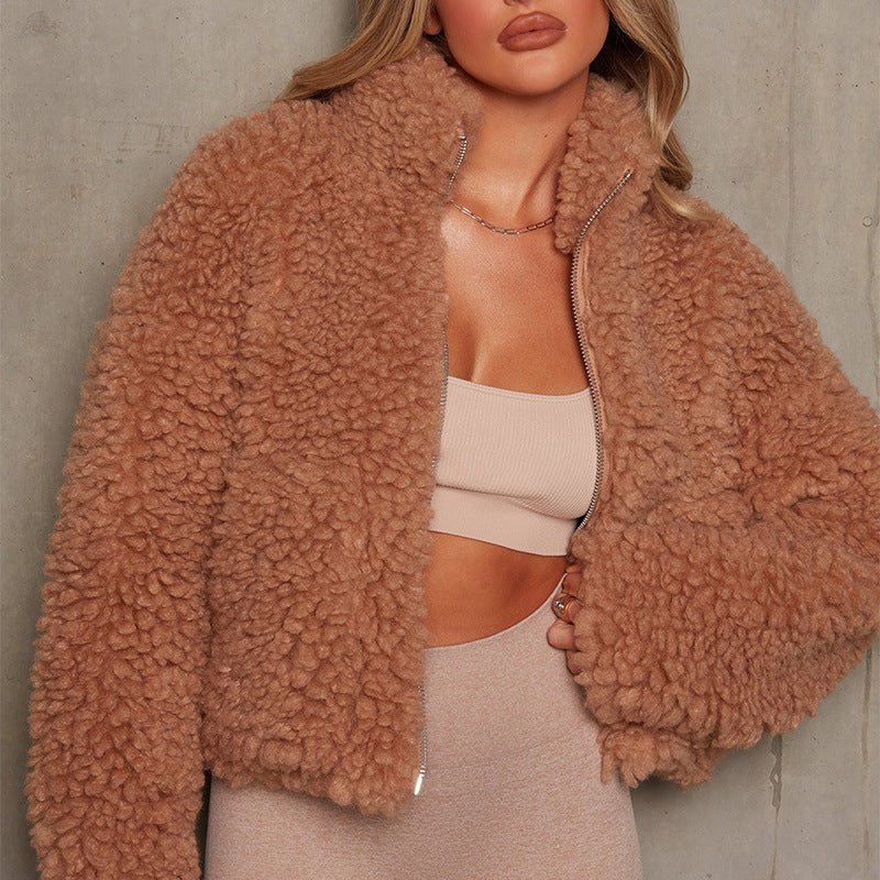 Women's Plush Lamb Wool Cardigan Short Jacket Fluffy Coat Casual Winter Outerwear - Seldom Seen Styles