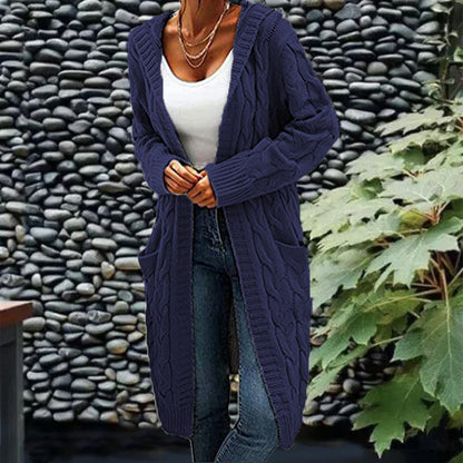 Women's Pocket Drop Shoulder Cardigan, Hooded Long Sleeve Warm Top, Casual Textured Knit Open Front Cable Outwear, Sweaters for Women