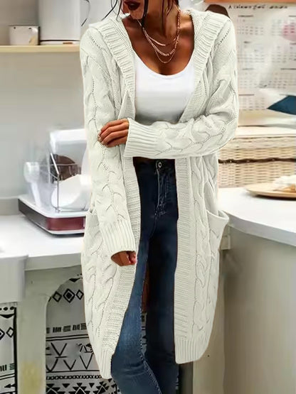 Women's Pocket Drop Shoulder Cardigan, Hooded Long Sleeve Warm Top, Casual Textured Knit Open Front Cable Outwear, Sweaters for Women