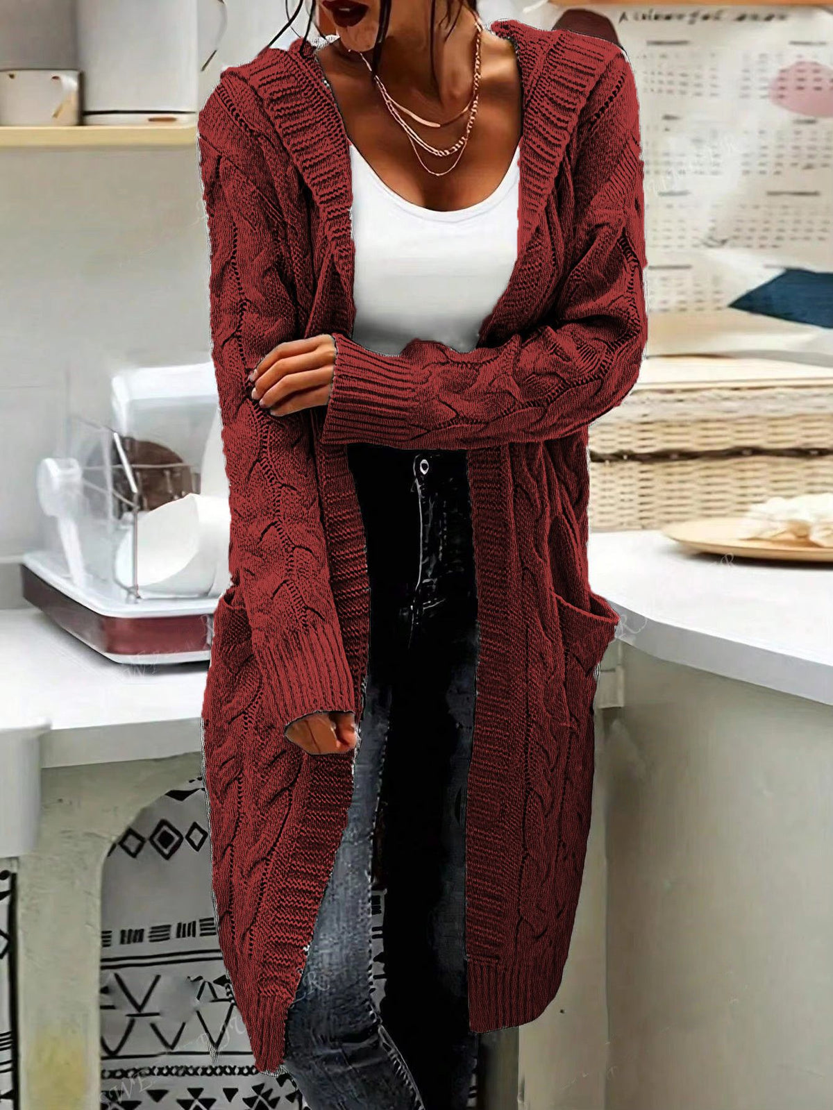 Women's Pocket Drop Shoulder Cardigan, Hooded Long Sleeve Warm Top, Casual Textured Knit Open Front Cable Outwear, Sweaters for Women - Seldom Seen Styles