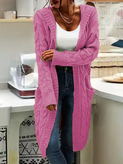 Women's Pocket Drop Shoulder Cardigan, Hooded Long Sleeve Warm Top, Casual Textured Knit Open Front Cable Outwear, Sweaters for Women