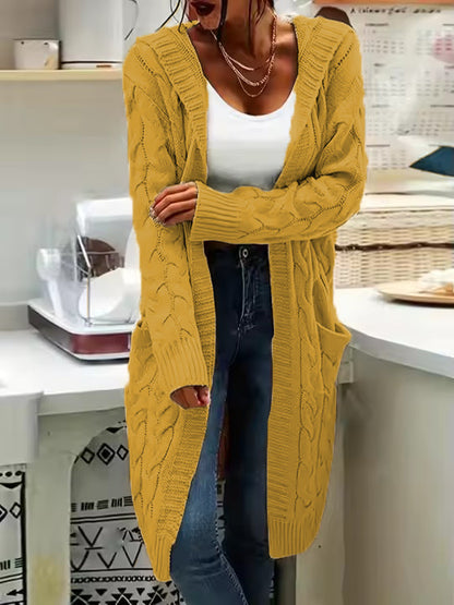Women's Pocket Drop Shoulder Cardigan, Hooded Long Sleeve Warm Top, Casual Textured Knit Open Front Cable Outwear, Sweaters for Women