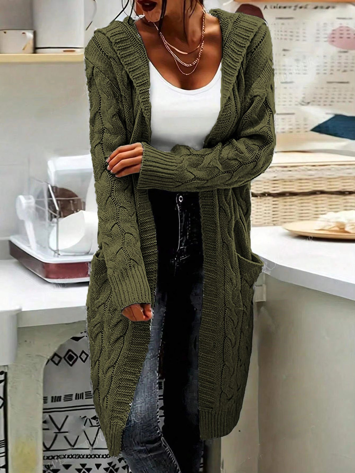 Women's Pocket Drop Shoulder Cardigan, Hooded Long Sleeve Warm Top, Casual Textured Knit Open Front Cable Outwear, Sweaters for Women - Seldom Seen Styles