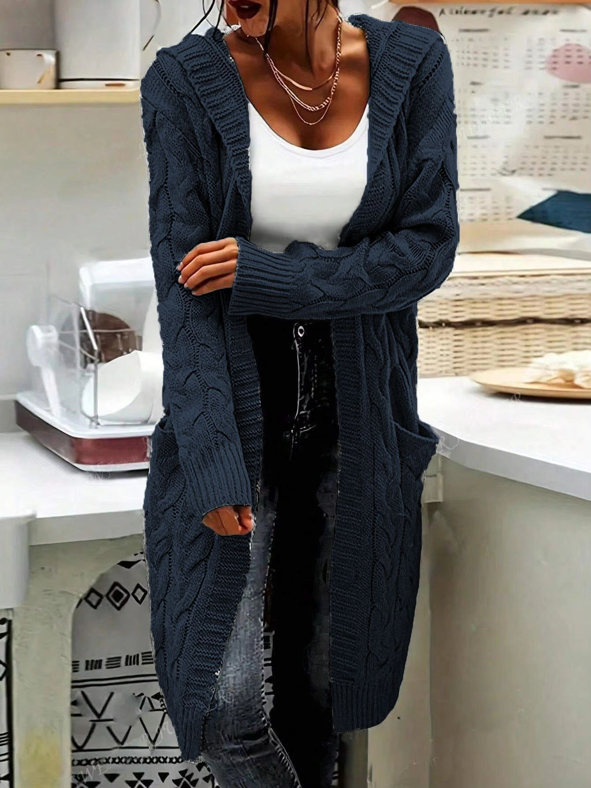 Women's Pocket Drop Shoulder Cardigan, Hooded Long Sleeve Warm Top, Casual Textured Knit Open Front Cable Outwear, Sweaters for Women - Seldom Seen Styles