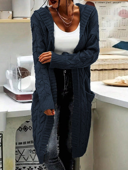 Women's Pocket Drop Shoulder Cardigan, Hooded Long Sleeve Warm Top, Casual Textured Knit Open Front Cable Outwear, Sweaters for Women