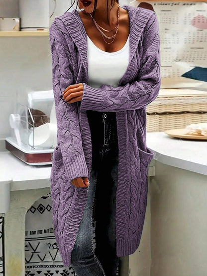 Women's Pocket Drop Shoulder Cardigan, Hooded Long Sleeve Warm Top, Casual Textured Knit Open Front Cable Outwear, Sweaters for Women