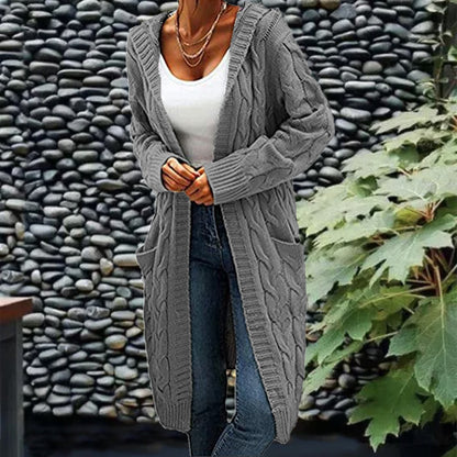 Women's Pocket Drop Shoulder Cardigan, Hooded Long Sleeve Warm Top, Casual Textured Knit Open Front Cable Outwear, Sweaters for Women