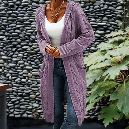 Women's Pocket Drop Shoulder Cardigan, Hooded Long Sleeve Warm Top, Casual Textured Knit Open Front Cable Outwear, Sweaters for Women