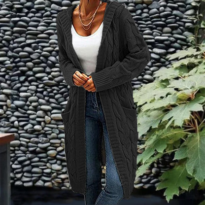 Women's Pocket Drop Shoulder Cardigan, Hooded Long Sleeve Warm Top, Casual Textured Knit Open Front Cable Outwear, Sweaters for Women