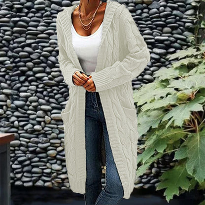 Women's Pocket Drop Shoulder Cardigan, Hooded Long Sleeve Warm Top, Casual Textured Knit Open Front Cable Outwear, Sweaters for Women