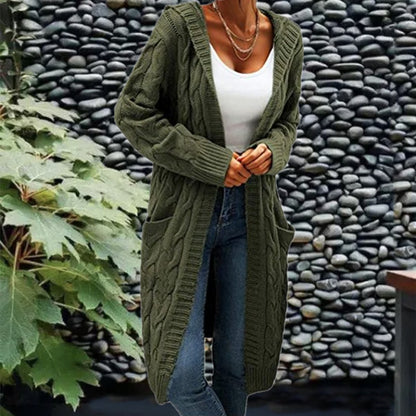 Women's Pocket Drop Shoulder Cardigan, Hooded Long Sleeve Warm Top, Casual Textured Knit Open Front Cable Outwear, Sweaters for Women