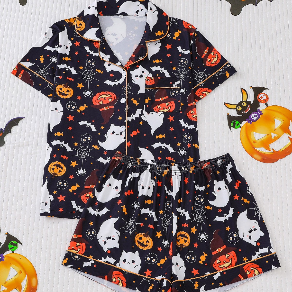 Women's Pocket Lapel Blouse & Elastic Waist Shorts Pyjama Set, Halloween Christmas Button Front Top & Shorts Pj Set, Pyjamas for Women, Feminine Tops, PJ Sets for Women, Loungewear, Nightwear, Pajamas, Womenswear - Seldom Seen Styles