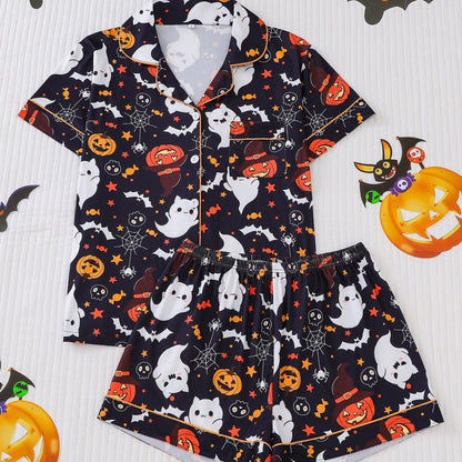 Women's Pocket Lapel Blouse & Elastic Waist Shorts Pyjama Set, Halloween Christmas Button Front Top & Shorts Pj Set, Pyjamas for Women, Feminine Tops, PJ Sets for Women, Loungewear, Nightwear, Pajamas, Womenswear
