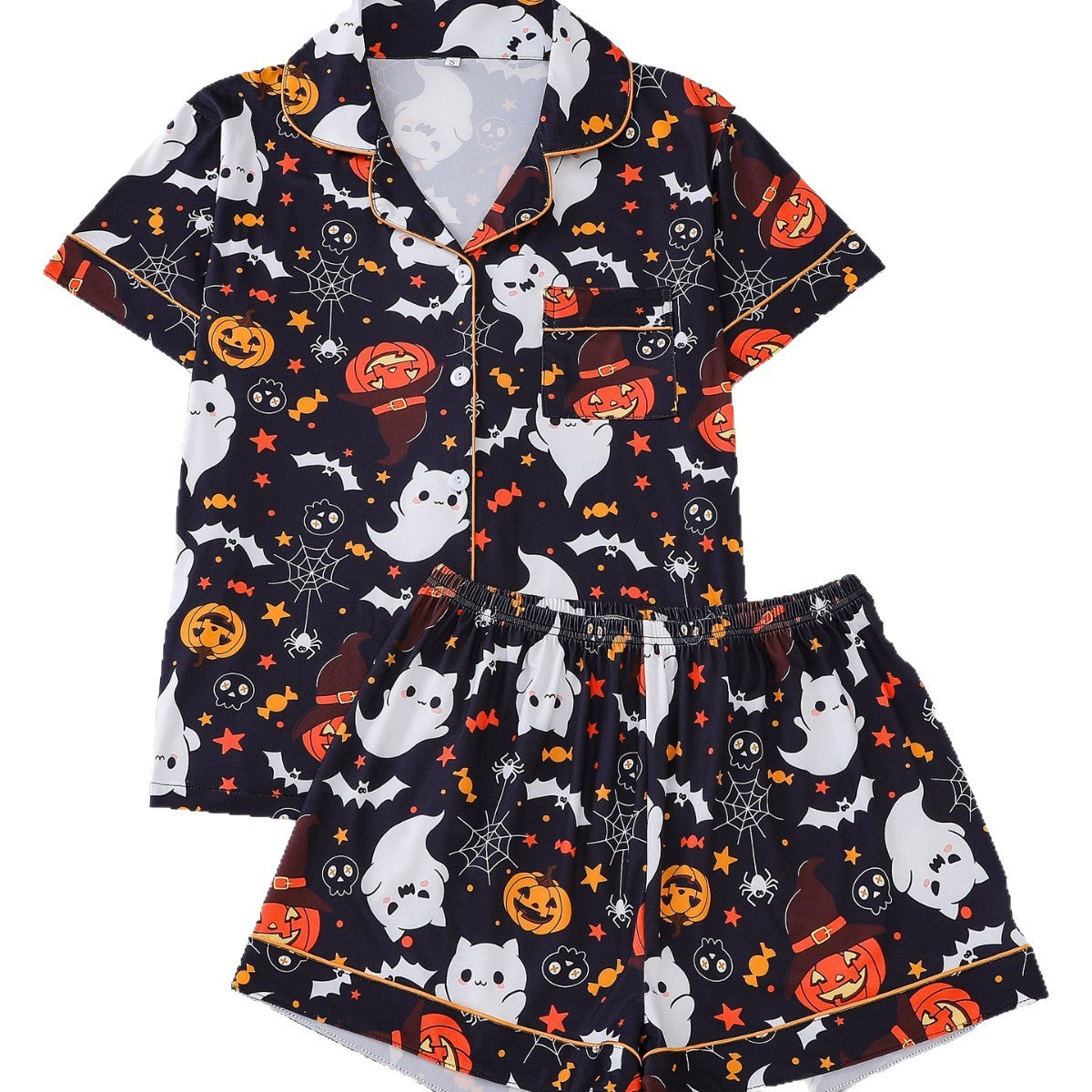 Women's Pocket Lapel Blouse & Elastic Waist Shorts Pyjama Set, Halloween Christmas Button Front Top & Shorts Pj Set, Pyjamas for Women, Feminine Tops, PJ Sets for Women, Loungewear, Nightwear, Pajamas, Womenswear - Seldom Seen Styles