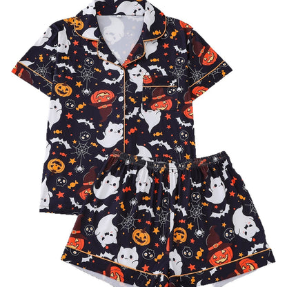 Women's Pocket Lapel Blouse & Elastic Waist Shorts Pyjama Set, Halloween Christmas Button Front Top & Shorts Pj Set, Pyjamas for Women, Feminine Tops, PJ Sets for Women, Loungewear, Nightwear, Pajamas, Womenswear
