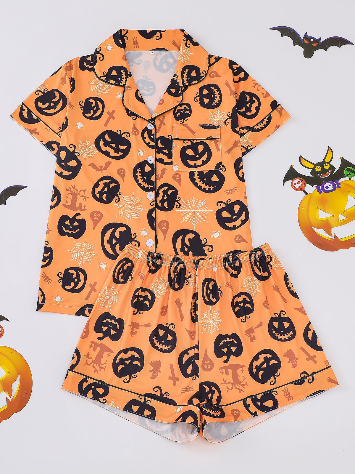 Women's Pocket Lapel Blouse & Elastic Waist Shorts Pyjama Set, Halloween Christmas Button Front Top & Shorts Pj Set, Pyjamas for Women, Feminine Tops, PJ Sets for Women, Loungewear, Nightwear, Pajamas, Womenswear - Seldom Seen Styles