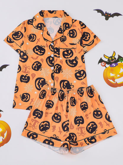 Women's Pocket Lapel Blouse & Elastic Waist Shorts Pyjama Set, Halloween Christmas Button Front Top & Shorts Pj Set, Pyjamas for Women, Feminine Tops, PJ Sets for Women, Loungewear, Nightwear, Pajamas, Womenswear
