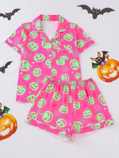Women's Pocket Lapel Blouse & Elastic Waist Shorts Pyjama Set, Halloween Christmas Button Front Top & Shorts Pj Set, Pyjamas for Women, Feminine Tops, PJ Sets for Women, Loungewear, Nightwear, Pajamas, Womenswear