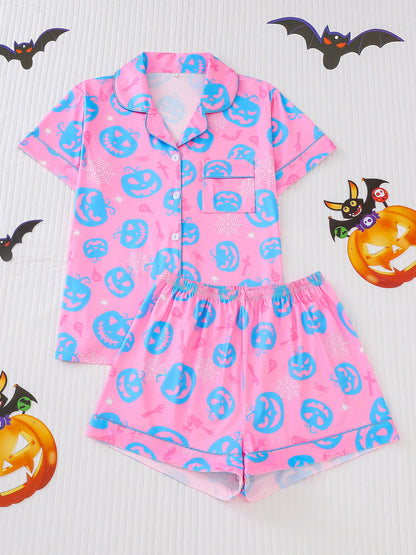 Women's Pocket Lapel Blouse & Elastic Waist Shorts Pyjama Set, Halloween Christmas Button Front Top & Shorts Pj Set, Pyjamas for Women, Feminine Tops, PJ Sets for Women, Loungewear, Nightwear, Pajamas, Womenswear