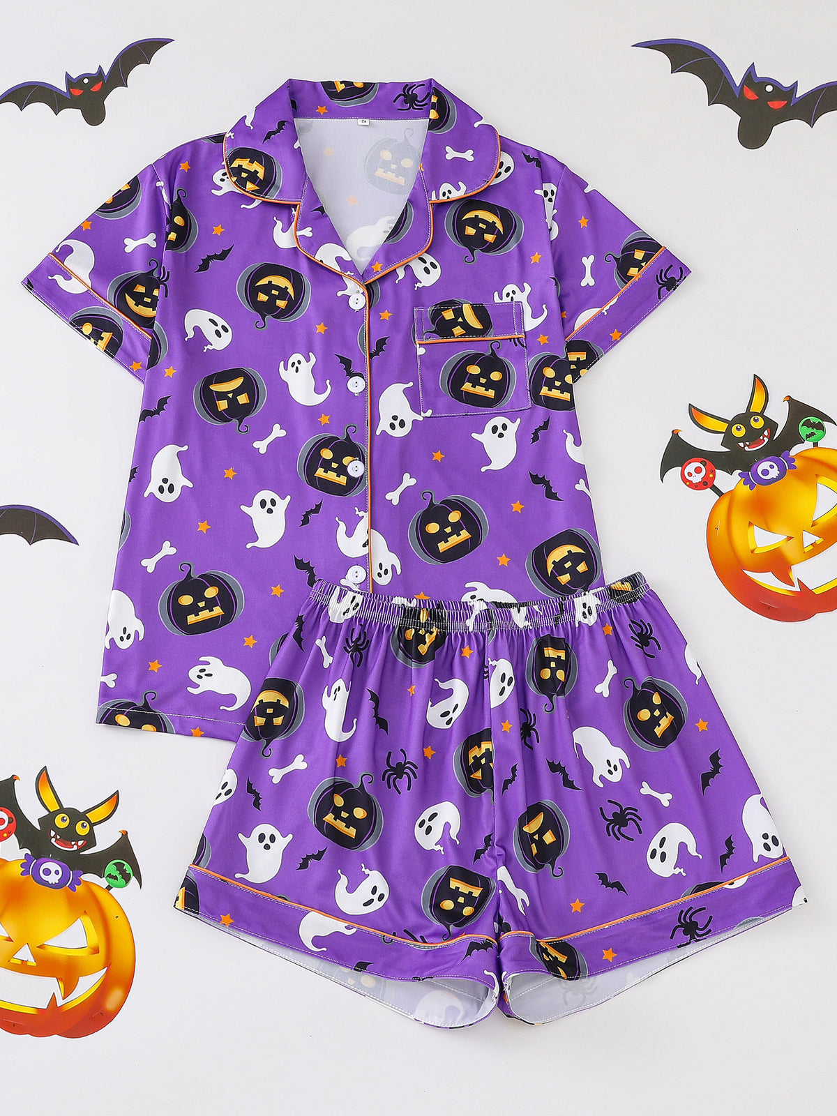 Women's Pocket Lapel Blouse & Elastic Waist Shorts Pyjama Set, Halloween Christmas Button Front Top & Shorts Pj Set, Pyjamas for Women, Feminine Tops, PJ Sets for Women, Loungewear, Nightwear, Pajamas, Womenswear - Seldom Seen Styles