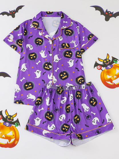 Women's Pocket Lapel Blouse & Elastic Waist Shorts Pyjama Set, Halloween Christmas Button Front Top & Shorts Pj Set, Pyjamas for Women, Feminine Tops, PJ Sets for Women, Loungewear, Nightwear, Pajamas, Womenswear