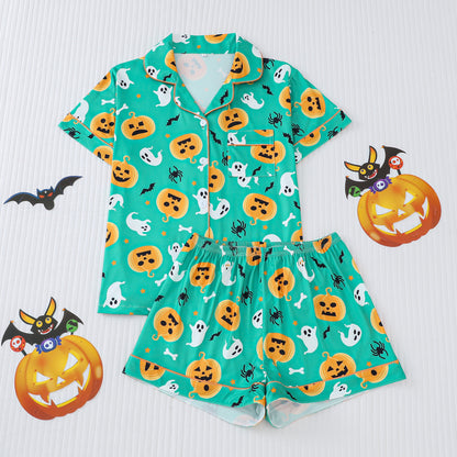 Women's Pocket Lapel Blouse & Elastic Waist Shorts Pyjama Set, Halloween Christmas Button Front Top & Shorts Pj Set, Pyjamas for Women, Feminine Tops, PJ Sets for Women, Loungewear, Nightwear, Pajamas, Womenswear