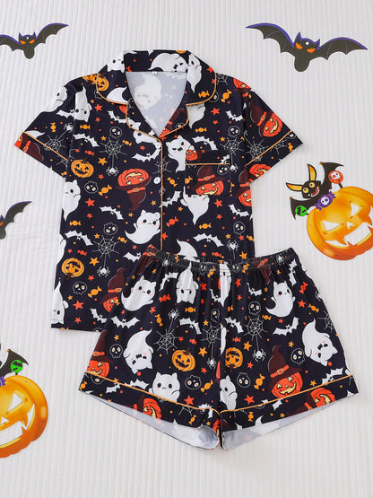 Women's Pocket Lapel Blouse & Elastic Waist Shorts Pyjama Set, Halloween Christmas Button Front Top & Shorts Pj Set, Pyjamas for Women, Feminine Tops, PJ Sets for Women, Loungewear, Nightwear, Pajamas, Womenswear