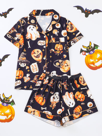 Women's Pocket Lapel Blouse & Elastic Waist Shorts Pyjama Set, Halloween Christmas Button Front Top & Shorts Pj Set, Pyjamas for Women, Feminine Tops, PJ Sets for Women, Loungewear, Nightwear, Pajamas, Womenswear