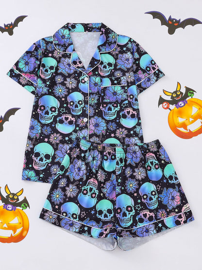 Women's Pocket Lapel Blouse & Elastic Waist Shorts Pyjama Set, Halloween Christmas Button Front Top & Shorts Pj Set, Pyjamas for Women, Feminine Tops, PJ Sets for Women, Loungewear, Nightwear, Pajamas, Womenswear