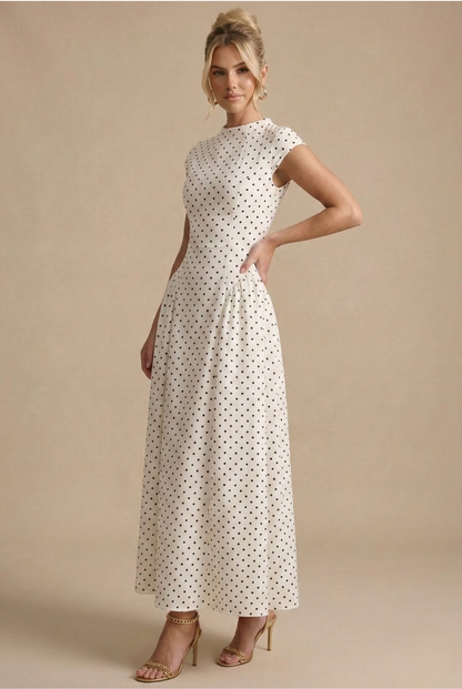 Women’s Polka Dot Maxi Dress with Round Neck and A Line Silhouette