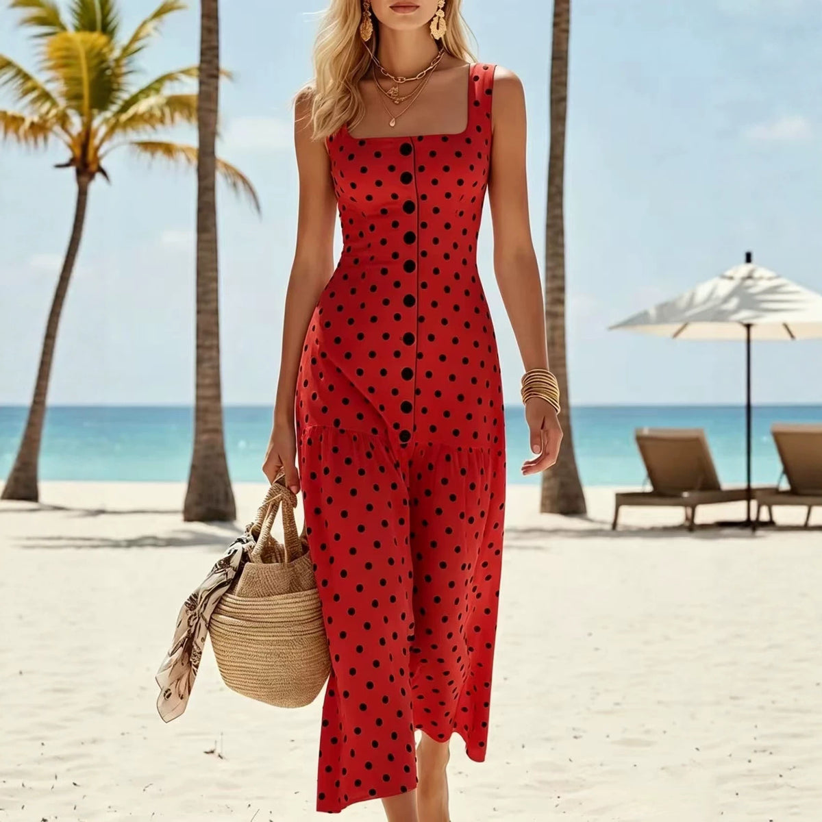 Women's Polka Dot Midi Dress Square Neck Sleeveless Fit and Flare Dress - Seldom Seen Styles