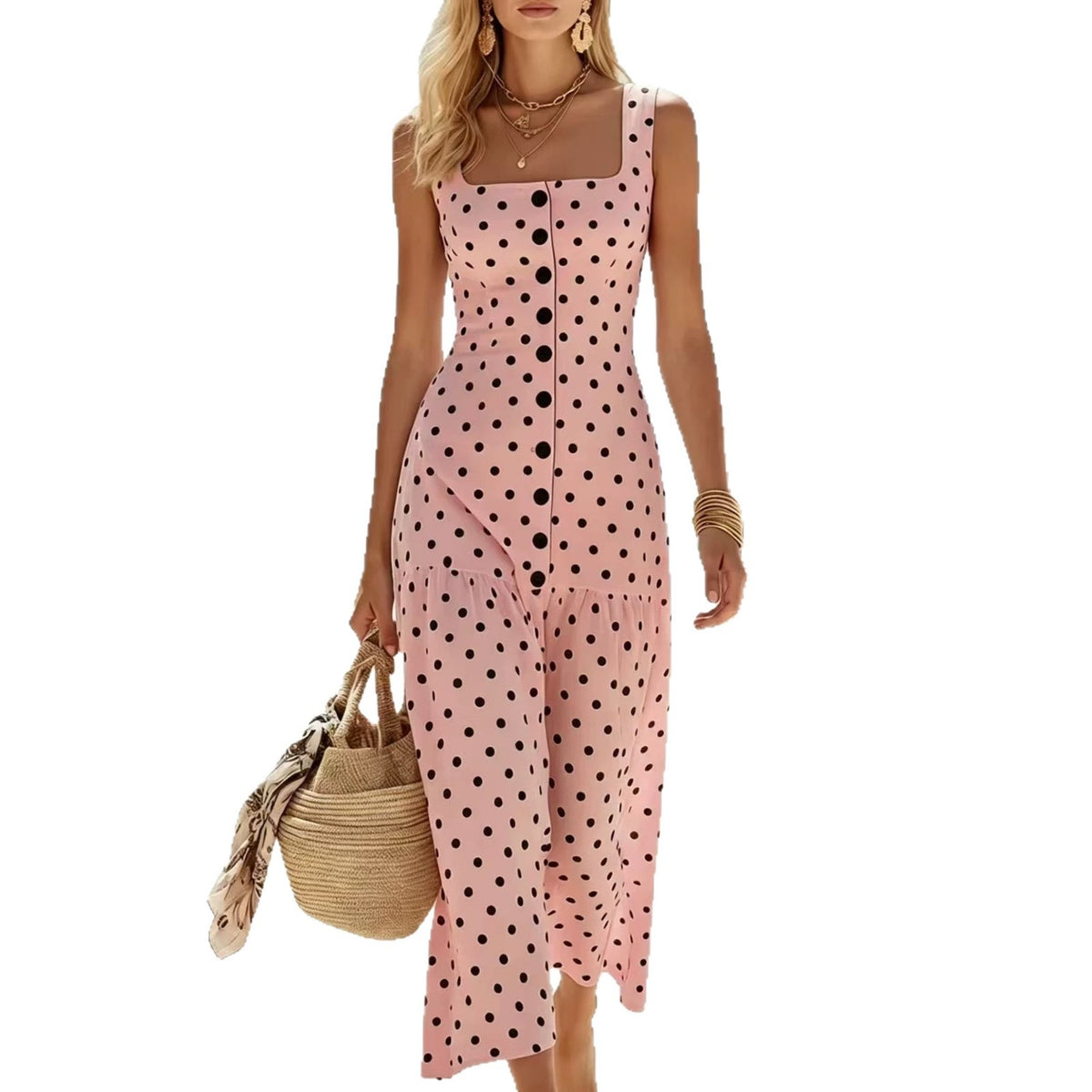 Women's Polka Dot Midi Dress Square Neck Sleeveless Fit and Flare Dress - Seldom Seen Styles