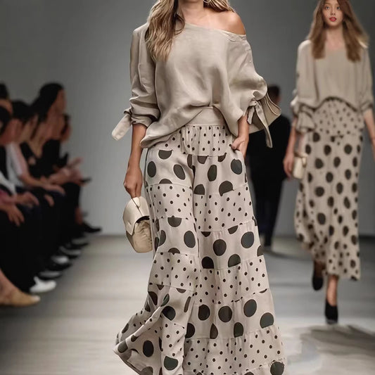 Women's Polka Dot Two Piece Set Off Shoulder Blouse Wide Leg Pants Matching Set Casual Vacation Outfit - Seldom Seen Styles