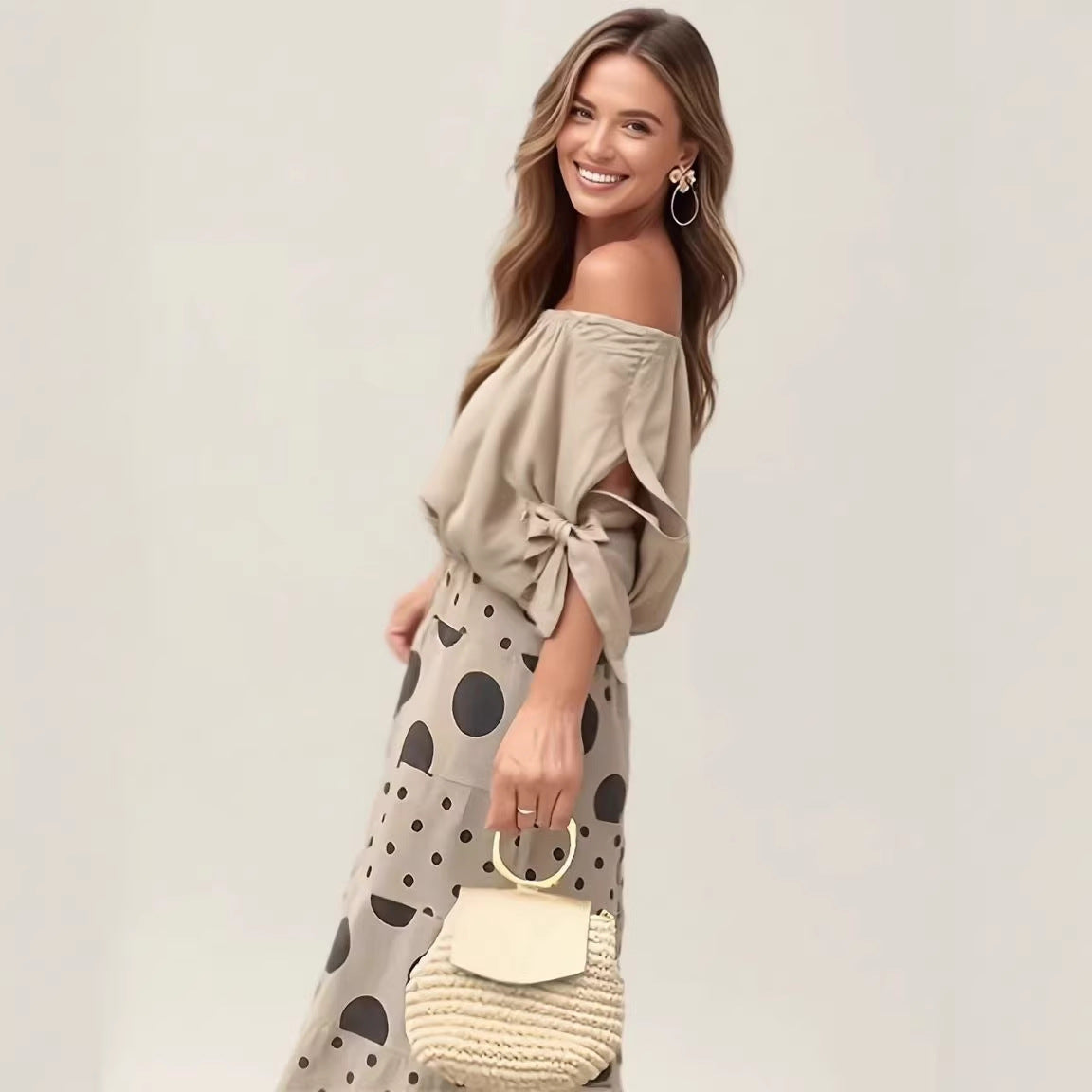 Women's Polka Dot Two Piece Set Off Shoulder Blouse Wide Leg Pants Matching Set Casual Vacation Outfit - Seldom Seen Styles