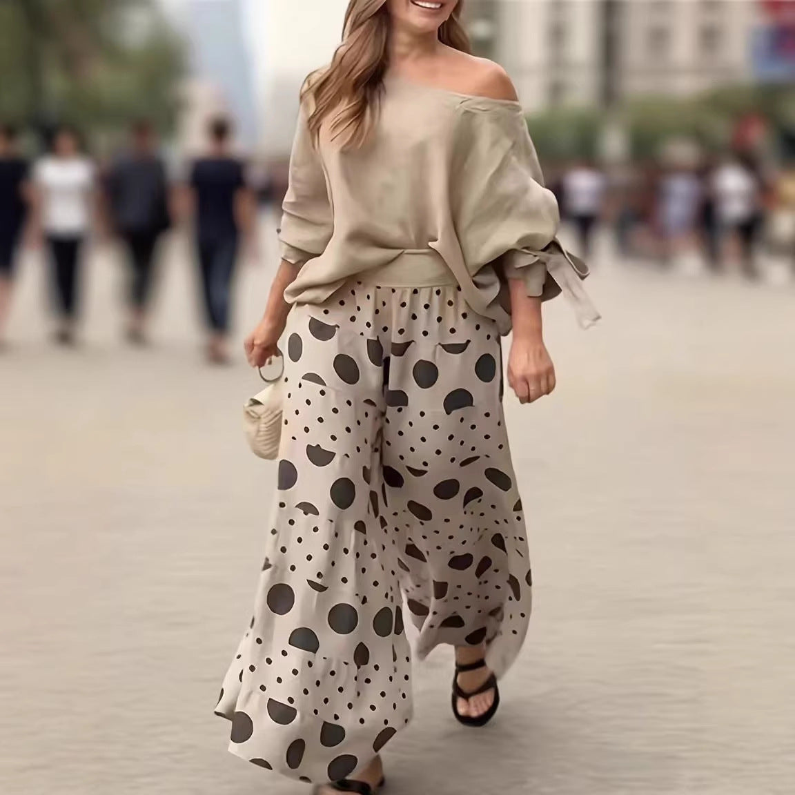 Women's Polka Dot Two Piece Set Off Shoulder Blouse Wide Leg Pants Matching Set Casual Vacation Outfit - Seldom Seen Styles