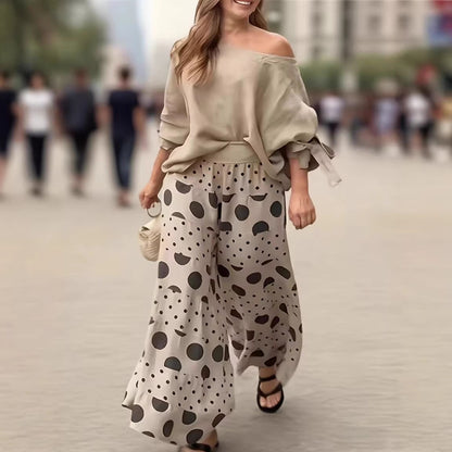 Women's Polka Dot Two Piece Set Off Shoulder Blouse Wide Leg Pants Matching Set Casual Vacation Outfit