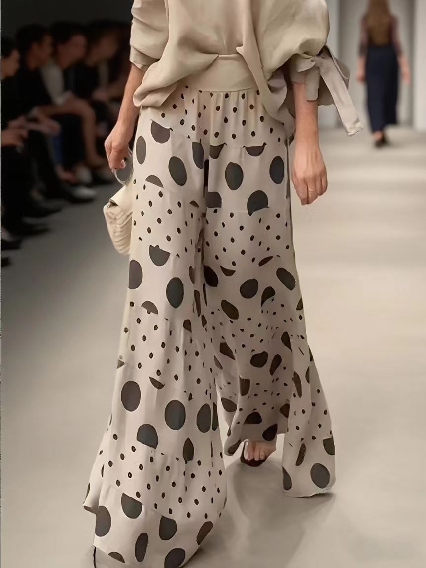 Women's Polka Dot Two Piece Set Off Shoulder Blouse Wide Leg Pants Matching Set Casual Vacation Outfit - Seldom Seen Styles