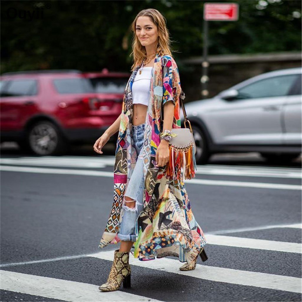 Women's Printed Beach Cardigan Sunscreen Cover-Up Long Cotton Holiday Kimono Wrap Shawl for Beach Vacation Summer Resort Boho - Seldom Seen Styles