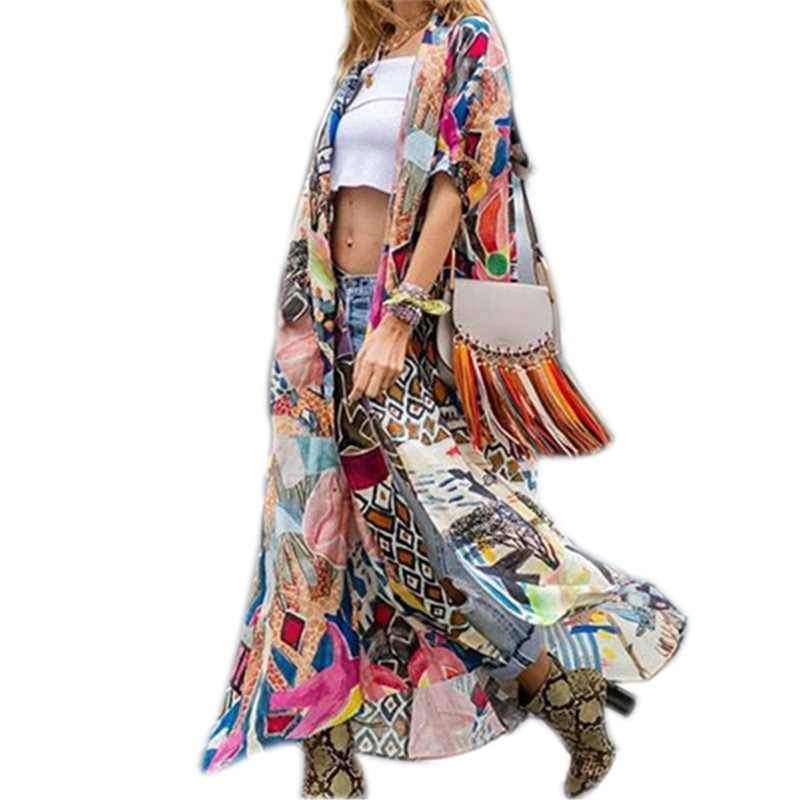 Women's Printed Beach Cardigan Sunscreen Cover-Up Long Cotton Holiday Kimono Wrap Shawl for Beach Vacation Summer Resort Boho - Seldom Seen Styles
