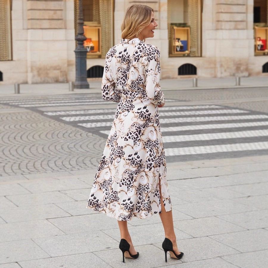 Women's Printed Button Belt Slim Fit Long Sleeve Midi Dress Casual Vacation Wedding Guest Outfit - Seldom Seen Styles