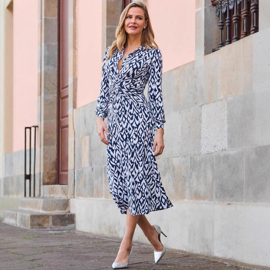 Women's Printed Button Twist Slim Long Sleeve Midi Dress Fall Winter Elegant Casual Vacation Dress - Seldom Seen Styles