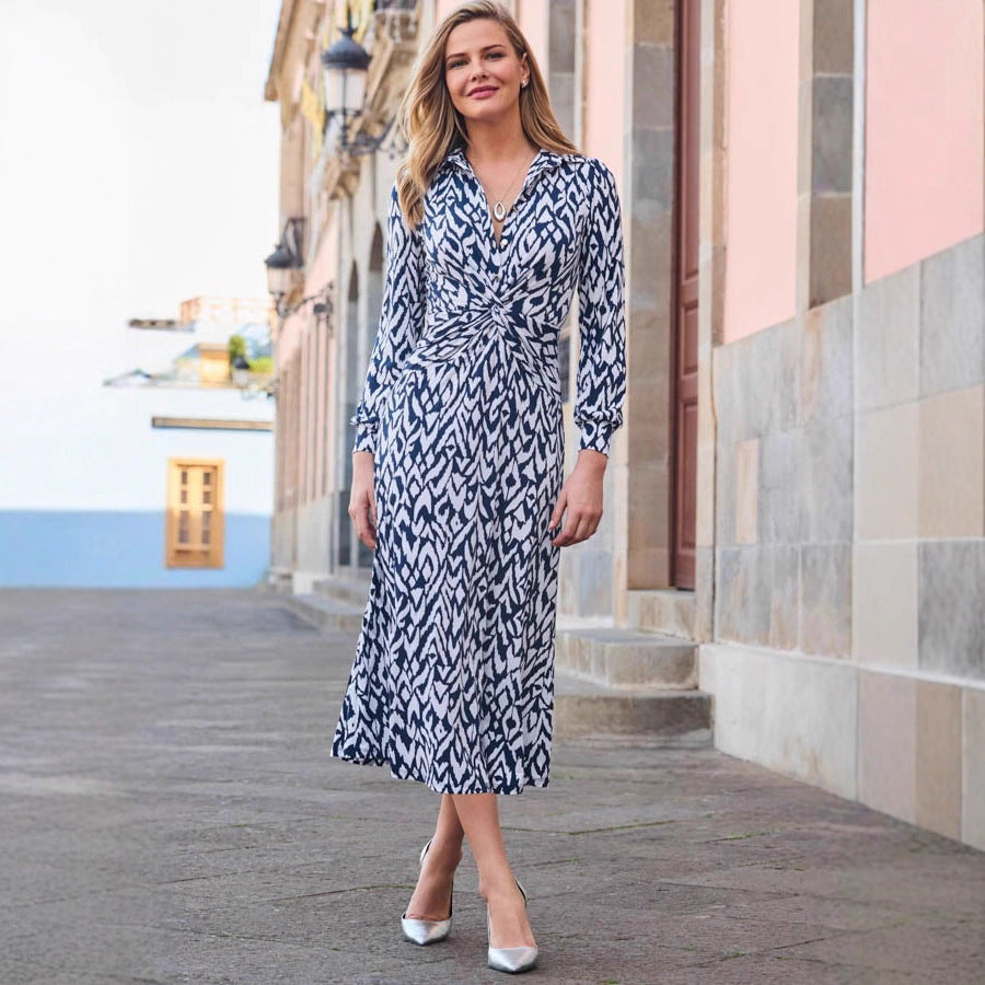 Women's Printed Button Twist Slim Long Sleeve Midi Dress Fall Winter Elegant Casual Vacation Dress - Seldom Seen Styles