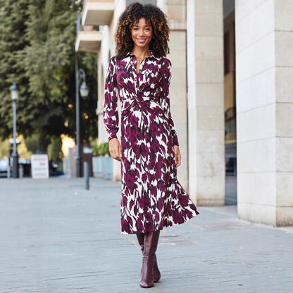 Women's Printed Button Twist Slim Long Sleeve Midi Dress Fall Winter Elegant Casual Vacation Dress