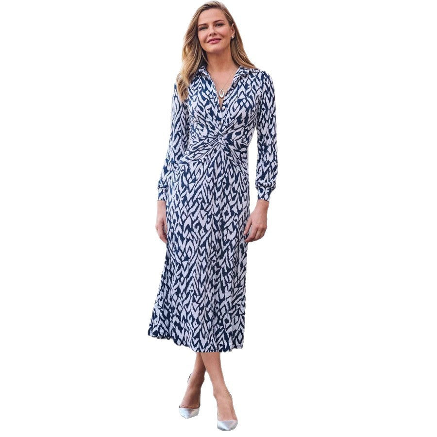 Women's Printed Button Twist Slim Long Sleeve Midi Dress Fall Winter Elegant Casual Vacation Dress - Seldom Seen Styles