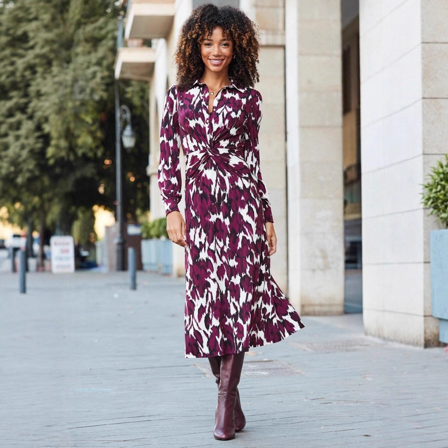 Women's Printed Button Twist Slim Long Sleeve Midi Dress Fall Winter Elegant Casual Vacation Dress - Seldom Seen Styles