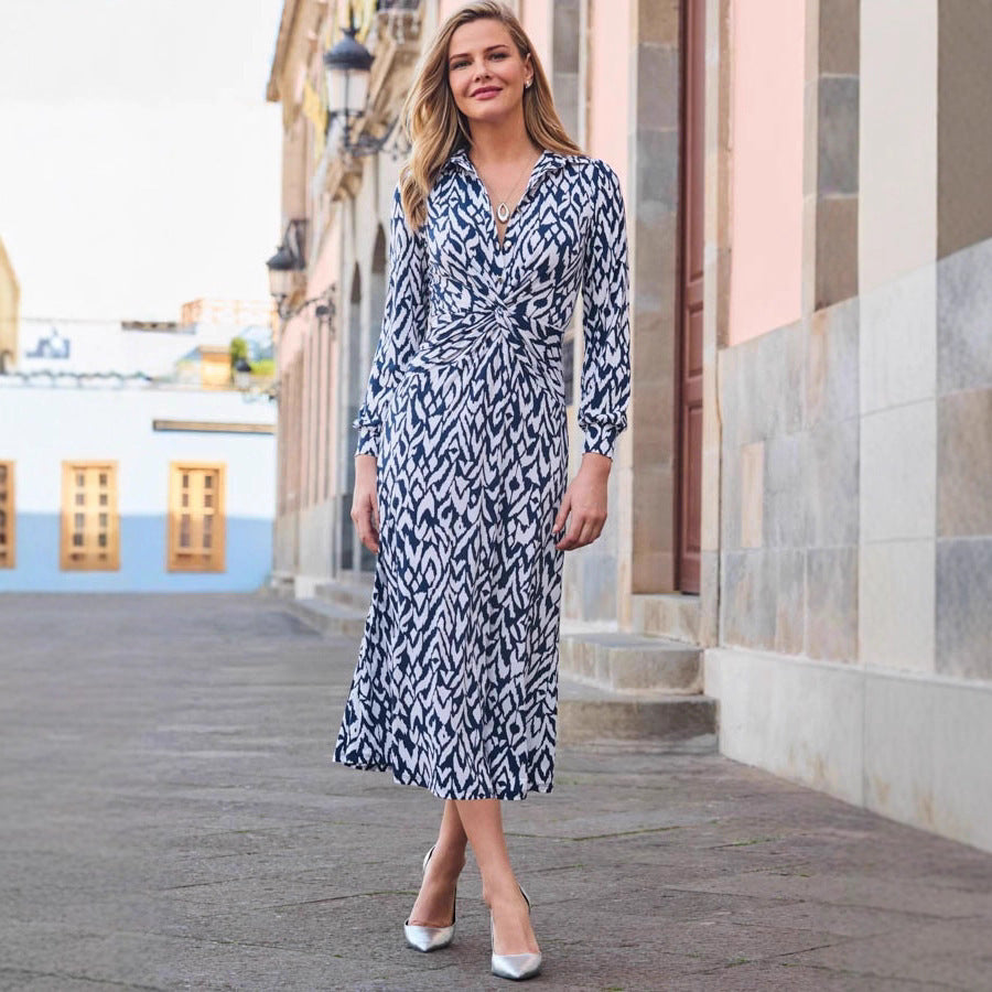 Women's Printed Button Twist Slim Long Sleeve Midi Dress Fall Winter Elegant Casual Vacation Dress - Seldom Seen Styles