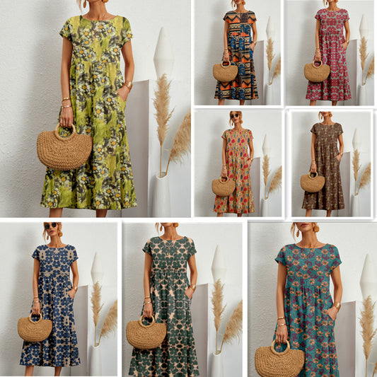 Women's Printed Cotton Linen Maxi Dress Casual Loose Summer Dress - Seldom Seen Styles