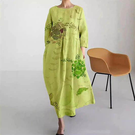 Women's Printed Loose Maxi Dress - Casual Boho Floral A-Line Long Dress with 3/4 Sleeves, Round Neck Flowy Ankle Length Dress for Women Plus Size - Seldom Seen Styles