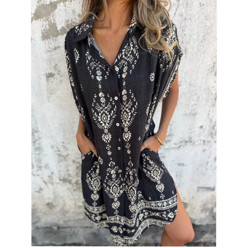 Women's Printed Shirt Dress Button Up Loose Fit Short Sleeve Casual Mini Dress with Pockets - Seldom Seen Styles